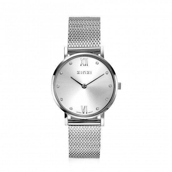 ZINZI Lady Crystal Watch 28mm Silver Colored Dial with White Crystals Stainless Steel Case and Mesh Strap ZIW628M