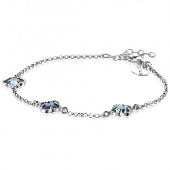 ZINZI silver link bracelet with two light blue clovers and one dark blue clover in the center 17-20cm ZIA2663B