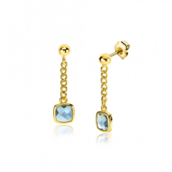 25mm ZINZI Gold Plated Sterling Silver Stud Earrings with Curb Chain and Square Setting with Indigo Blue Color Stone ZIO2417G