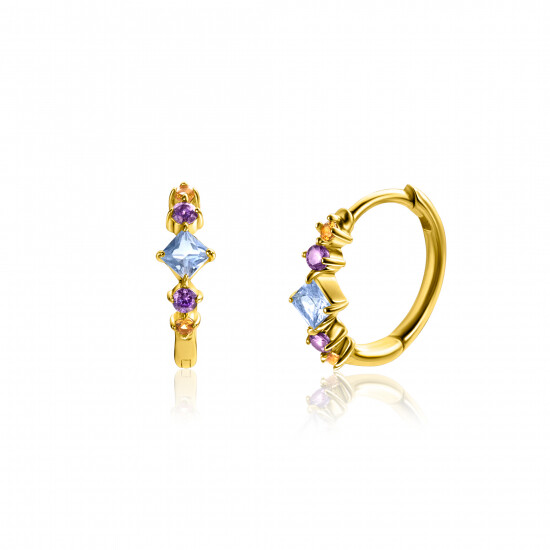 15mm ZINZI Gold Plated Sterling Silver Hoop Earrings with Blue, Purple and Champagne Color Stones in Diamond Shape 15x2mm ZIO2443