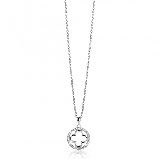 ZINZI silver necklace with luxury clover pendant (15mm) fully set with white zirconia 45-48cm ZIC2617