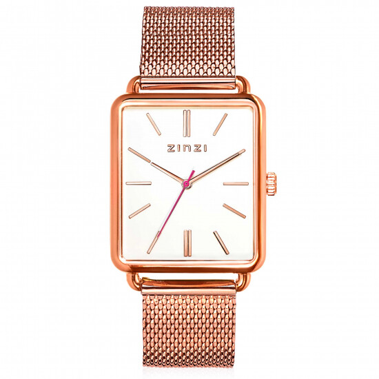 ZINZI Vintage Retro Watch 34mm White Dial Rose Gold Colored Rectangular Case and Mesh Strap ZIW908M