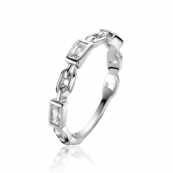 ZINZI Sterling Silver Stackable Ring Paperclip Chains and 3 Rectangular Settings Set with White Zirconia ZIR2427