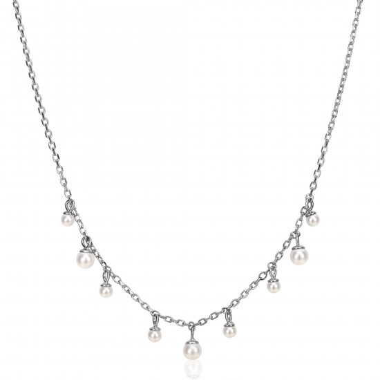 ZINZI silver chain necklace with nine round white glass pearls in various sizes, playfully distributed over the necklace 40-45cm ZIC2623