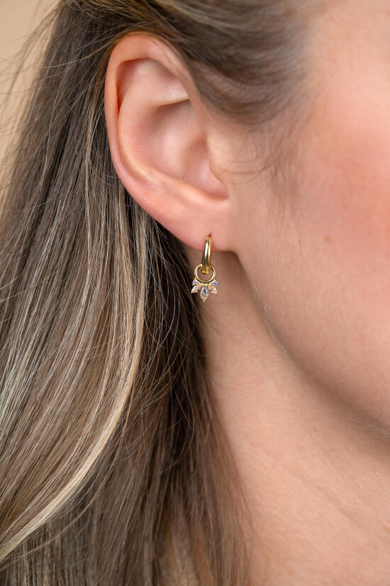 10mm ZINZI gold plated silver charm earrings with five playful settings in descending size, set with purple, champagne and blue gemstones ZICH2633BC (without hoops earrings)