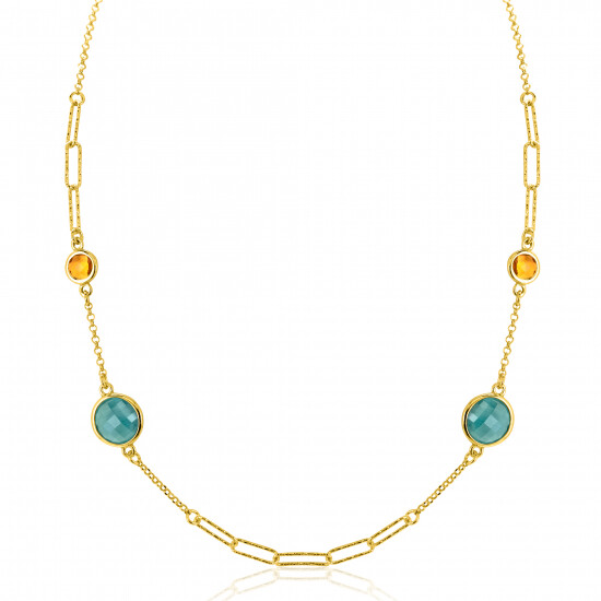 ZINZI Gold Plated Sterling Silver Fantasy Necklace with Paperclip Chains and 4 Round Settings Set with Emerald Green and Citrine Dark Yellow Color Stones 40-45cm ZIC2418G