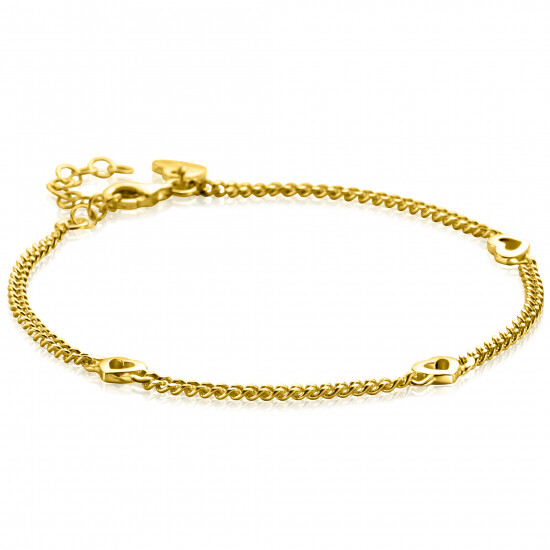 ZINZI Gold Plated Sterling Silver Curb Chain Bracelet with 3 Open Hearts 17-20cm ZIA2409G