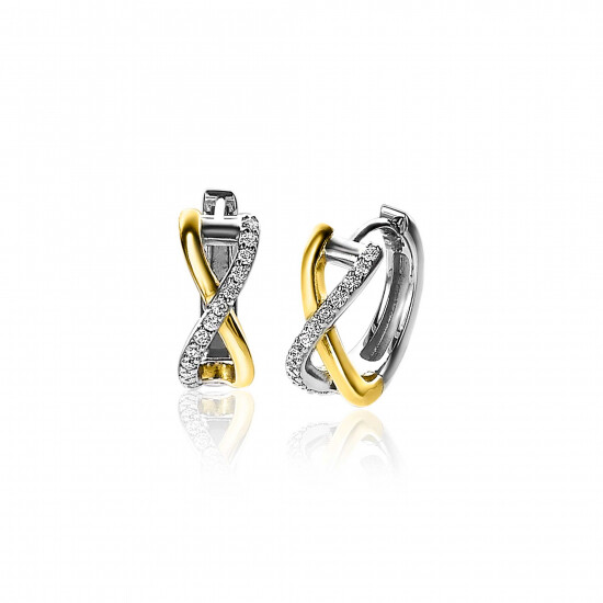 15mm ZINZI Sterling Silver Bicolor Hoop Earrings Crossover with White Zirconia 15x5mm ZIO2234