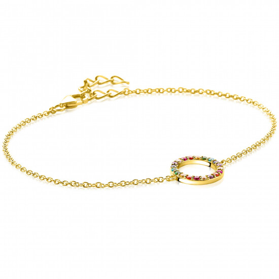 ZINZI gold plated silver bracelet with open circle 12mm set with rainbow stones 17-20cm ZIA2170
