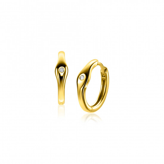 15mm ZINZI gold plated silver hoops organically shaped, set with white zirconia and with luxury hinge closure ZIO2628