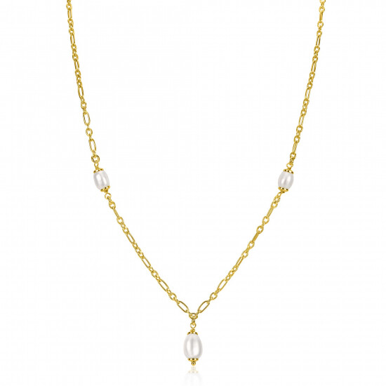 ZINZI gold plated silver chain necklace with three oval white freshwater pearls 40-45cm ZIC2588