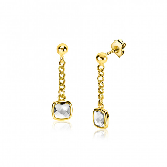 25mm ZINZI gold plated silver stud earrings with gourmet chain and square setting white zirconia ZIO2417Y
