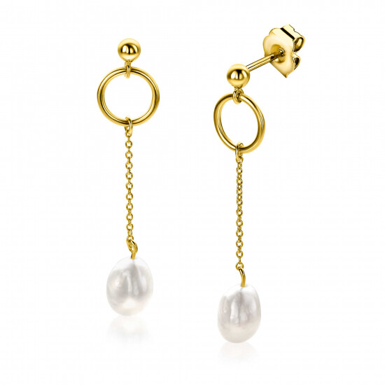 37mm ZINZI gold plated silver stud earrings with open circle and chain with dangling white freshwater pearl in organic shape ZIO2615
