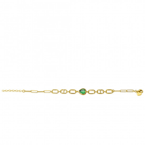 ZINZI Gold Plated Sterling Silver Bracelet Trendy Oval en Marine Chains with Big Heart Set with Green Color Stone 16,5-19,5cm ZIA-BF68