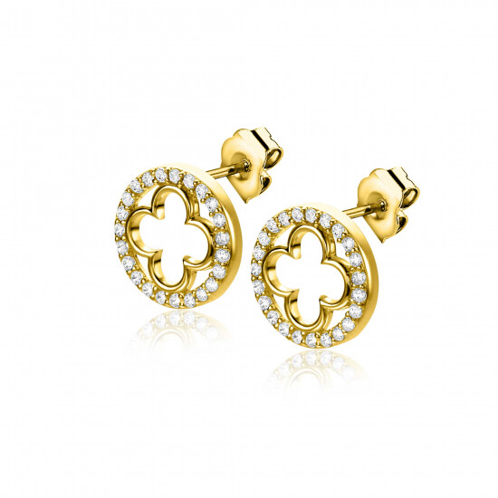 11mm ZINZI gold-plated silver stud earrings with a clover and rounded edge, adorned with white zirconia, ZIO-BF116Y