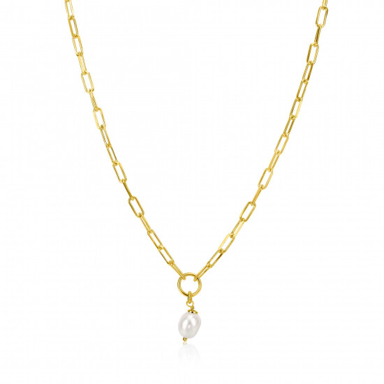 ZINZI gold-plated silver paperclip link necklace with open circle and white freshwater pearl, 42-45cm, ZIC-BF100