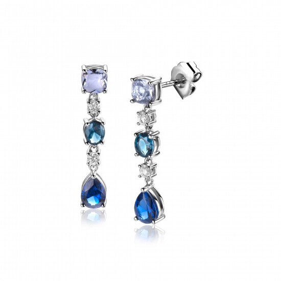 29mm ZINZI Sterling Silver Long Earrings Square, Oval and Drop Blue Color Stones with Small White Zirconias ZIO2397