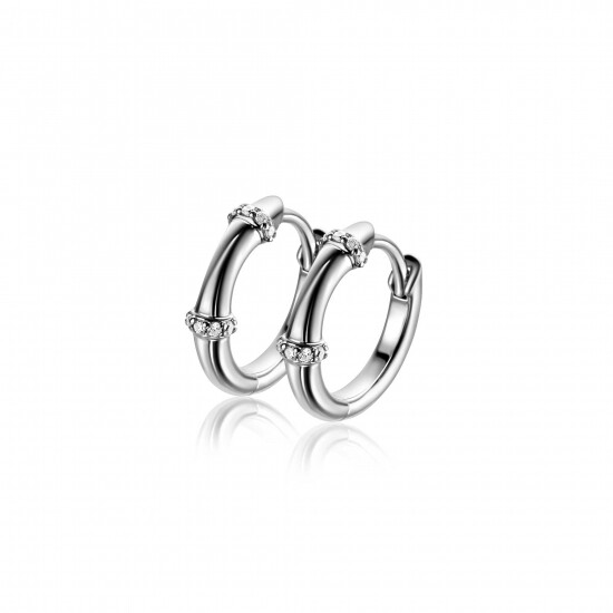 15mm ZINZI silver hoop earrings with bamboo pattern, set with white cubic zirconias and luxury clasp ZIO2687