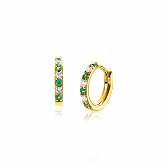 12mm ZINZI Gold Plated Sterling Silver Hoop Earrings Round White Zirconias and Green Color Stones width tube 2mm ZIO2557