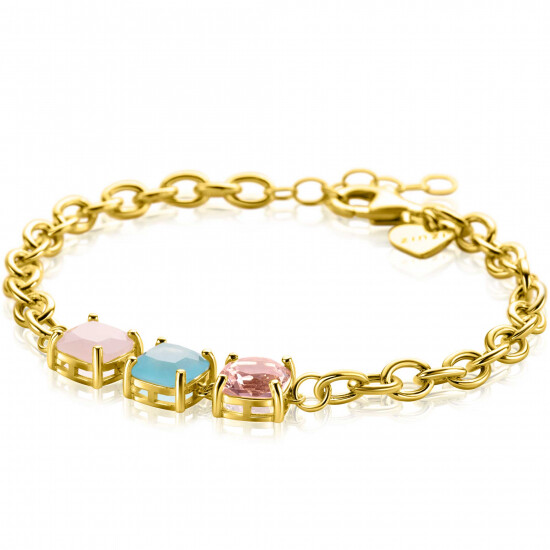 ZINZI Gold Plated Sterling Silver Chain Bracelet with 3 Square Settings with Pink and Turquoise Color Stones 17-20cm ZIA2454