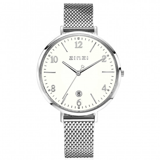 ZINZI Watch SOPHIE 38mm White Dial with Date Stainless Steel Case and Mesh Strap 14mm ZIW1406