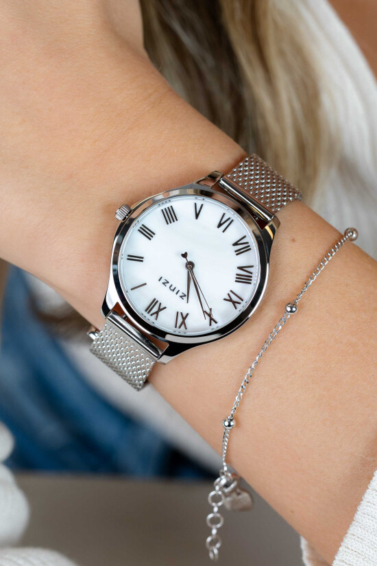 ZINZI Watch JULIA 34mm White Mother-of-Pearl Dial Roman Figures Stainless Steel Case and Mesh Strap ZIW1117M