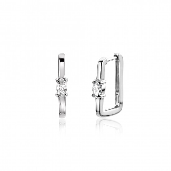 15mm ZINZI Sterling Silver Hoop Earrings Rectangular Shape with Oval White Zirconia Square Tube width 2mm ZIO2448