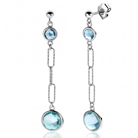 60mm ZINZI Sterling Silver Long Stud Earrings with Paperclip Chain and Light Blue and Indigo Blue Color Stones ZIO2418