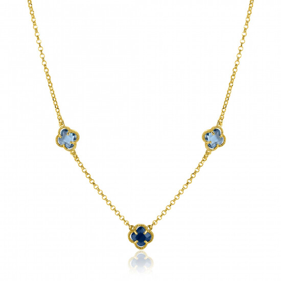 ZINZI gold plated silver link necklace with two light blue clovers and one dark blue clover 42-45cm ZIC2662B