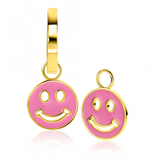15mm ZINZI Gold Plated Sterling Silver Earrings Pendants Round Smiley in Trendy Pink Enamel ZICH2313R (excl. hoop earrings)