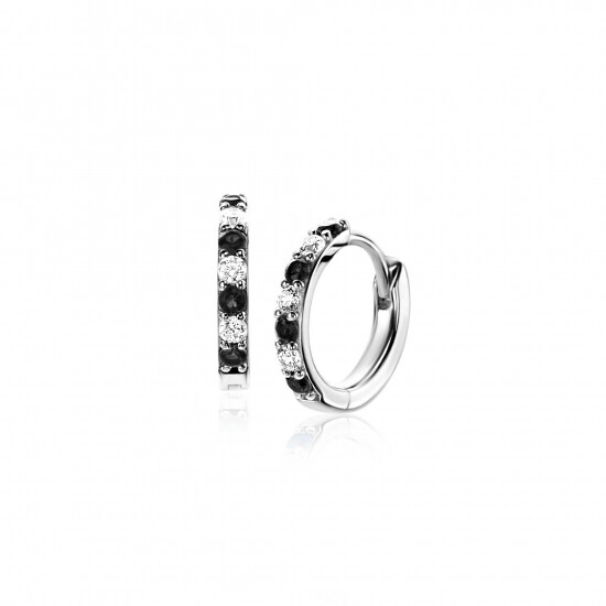 12mm ZINZI silver hoop earrings set with white and black cubic zirconias 2mm tube thickness with luxury clasp ZIO2559Z