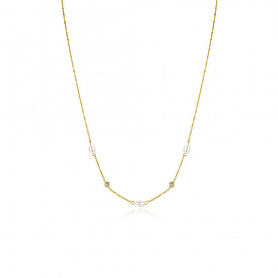 ZINZI gold plated silver rolo necklace with oval white freshwater pearls and white cubic zirconias 42-45 cm ZIC2657