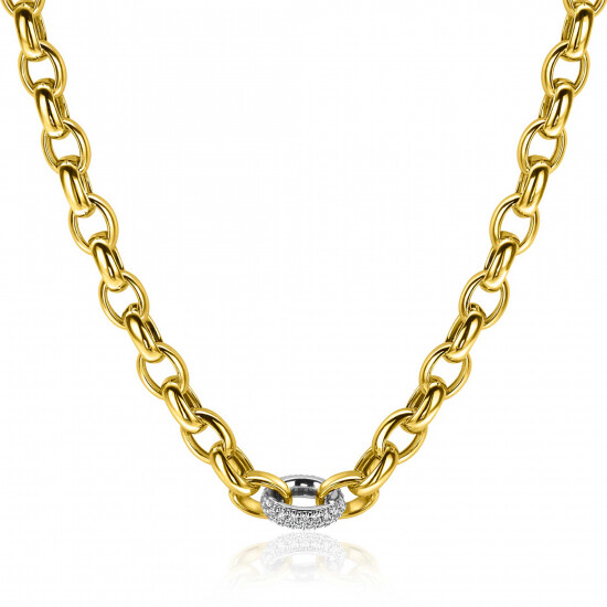 ZINZI gold plated silver link necklace with a round link set with white cubic zirconias, 6mm wide 45cm ZIC2664