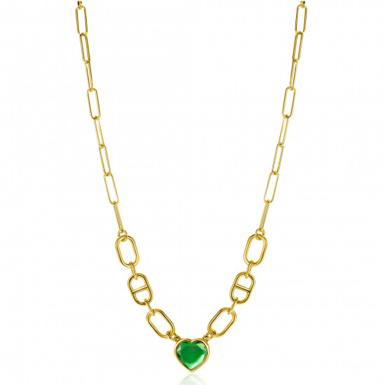 ZINZI Gold Plated Sterling Silver Necklace Trendy Oval and Marine Chain with Heart Pendant Set with Green Color Stone 39-43cm ZIC-BF68