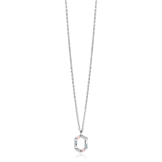 ZINZI zlv. collier met hanger 6-kant  roze/blauw/zirc.