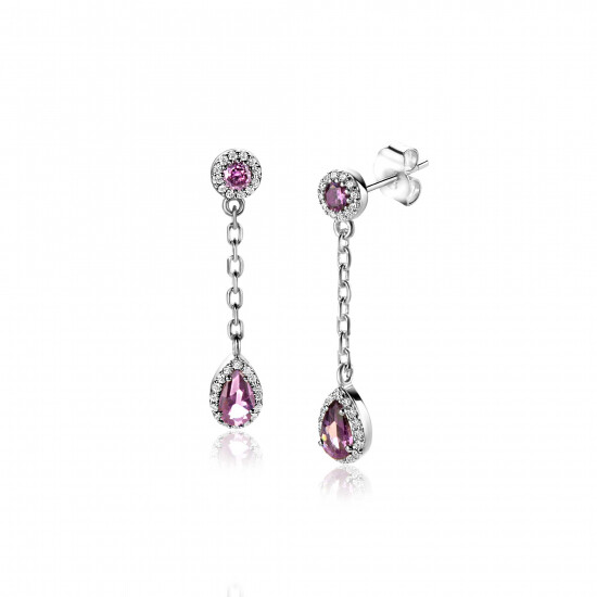 25mm ZINZI Sterling Silver Stud Earrings with White Zirconias, Chain and Dangling Purple Color Stone ZIO2561