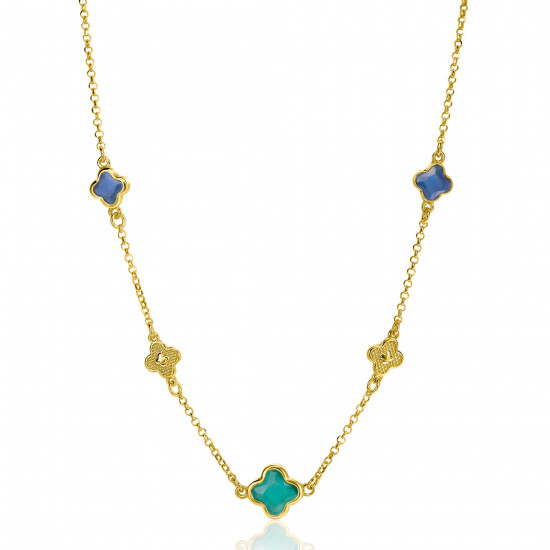 ZINZI gold plated silver link necklace with two dark blue clovers and one larger green clover 40-45cm ZIC2583
