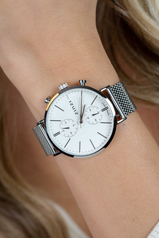 ZINZI Traveller Watch 39mm White Dial Stainless Steel Case and Mesh Strap with dual time ZIW740M