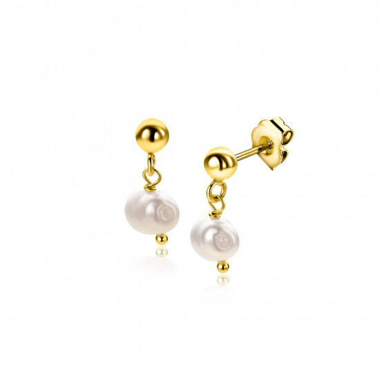 15mm ZINZI gold plated silver stud earrings with dangling white freshwater pearl 6mm in organic shape ZIO2643