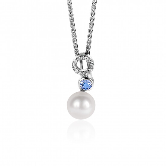 20mm ZINZI Sterling Silver Pendant White Pearl, Round Light Blue Color Stone and Open Circle Set with White Zirconias ZIH2442 (excl. necklace)