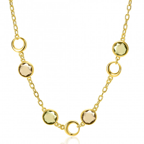 ZINZI Gold Plated Sterling Silver Fantasy Necklace with Round Settings with Champagne, Brown en Green Color Stones 42-45cm ZIC-BF91