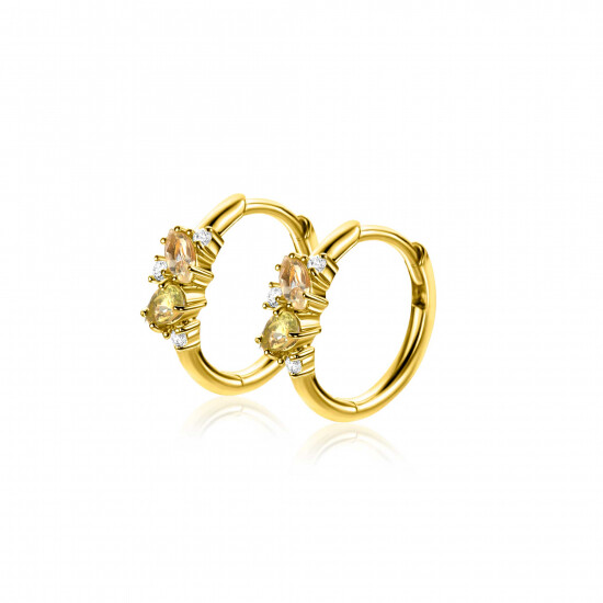 15mm ZINZI gold-plated silver hoops adorned with champagne, peridot, and white zirconia, featuring a luxury clasp closure, ZIO-BF120