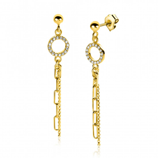 46mm ZINZI Gold Plated Sterling Silver Stud Earrings Open Circle White Zirconias with Dangling Paperclip and Curb Chain ZIO2464Y