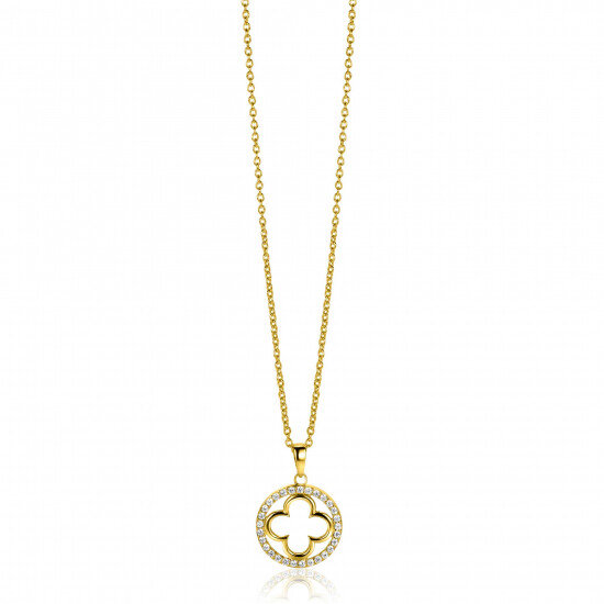 ZINZI gold plated silver necklace with luxury clover pendant (15mm) fully set with white zirconia 45-48cm ZIC2617Y