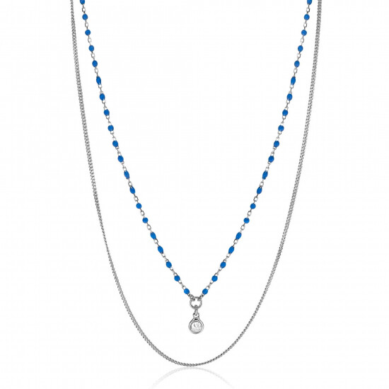ZINZI Sterling Silver Multi-look Necklace Curb and Blue Bead Chain with Round Setting with White Zirconia 42-45cm ZIC2529