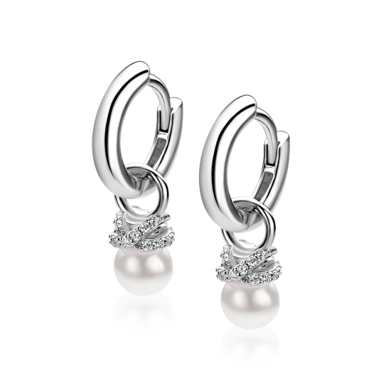 ZINZI zlv. oorbedels parel met zirconia's in x vorm