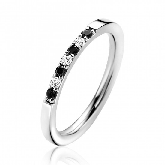 ZINZI silver stacking ring 2mm wide in bezel setting set with white and black cubic zirconias ZIR2559Z