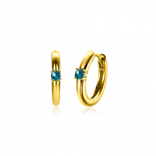 MARCH Hoop Earrings 13mm Gold Plated with Birthstone Blue Aquamarine Zirconia