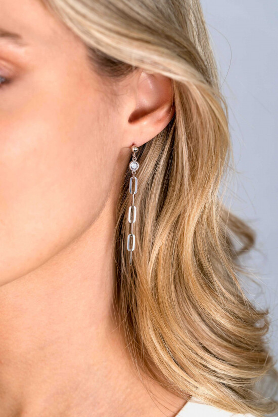 58mm ZINZI Sterling Silver Stud Earrings Long Paperclip Chain with White Zirconia ZIO2363