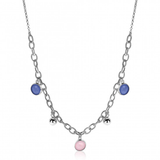 ZINZI Sterling Silver Luxurious Rolo Chain Necklace with Beads and Round Charms in Pink and Blue 45cm ZIC2005